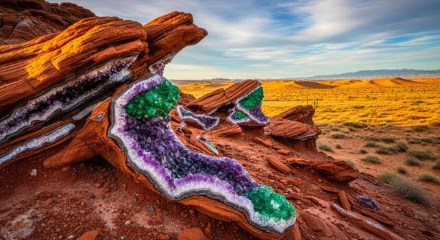 amethyst geodes and desert landscape vibrant crystal formations in red rock photo