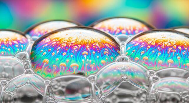 closeup shot of iridescent soap bubbles with vibrant colors and patterns, macro photography of colorful foam photo