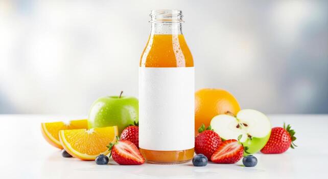bottle of fruit juice with blank label and fresh fruits photo