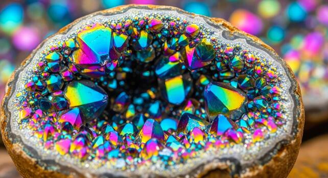 rainbow aura quartz geode vibrant crystal cluster, colorful mineral specimen, gemstone photo