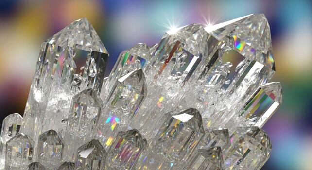radiant crystal cluster sparkling gemstones, prismatic rainbow, mineral specimens, closeup view photo