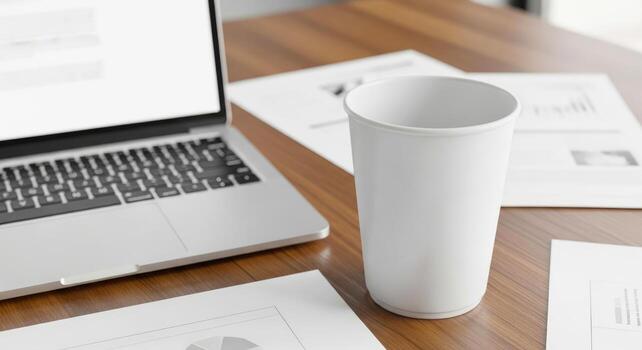 blank paper cup on desk with laptop and documents, office workspace mockup photo