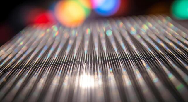 abstract shiny silver lines, iridescent texture, bright lights, festive mood, closeup macro shot photo