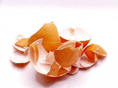 Cracked eggshells create a delicate abstract pattern on a bright white textured . photo