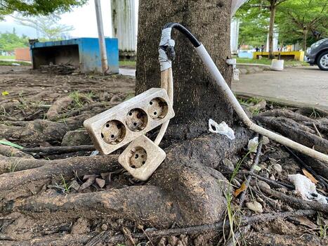 Abandoned electrical outlets lie amidst tree roots suggesting neglect and environmental decay. photo