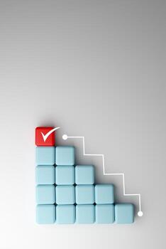 Goal achievement, business success, task completion and final project step in a minimalist design. 3D render of a red block with a white checkmark on top of a staircase of light blue blocks. photo
