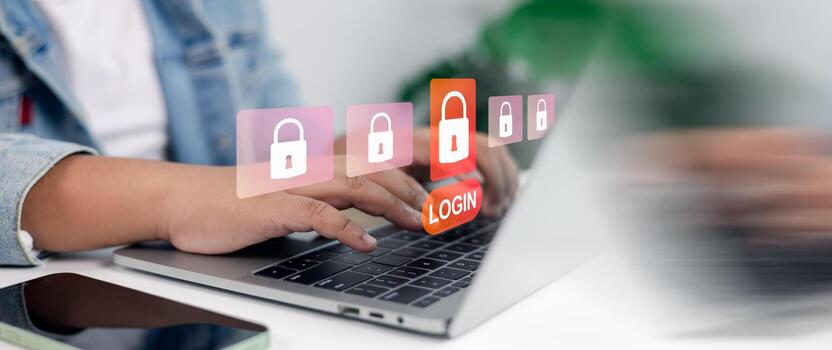 la seguridad cibernética iniciar sesión con candado íconos y seguro acceso en ordenador portátil computadora foto