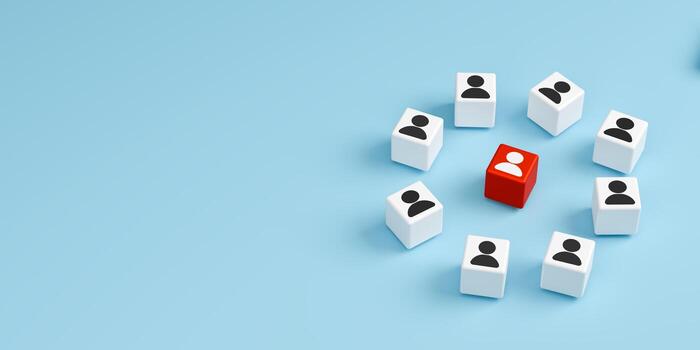 Concepts of leadership, individuality, leader, key employee, and being the focus of a group. Red cube with a person icon stands out in the center of a circle of white cubes. 3d render. photo