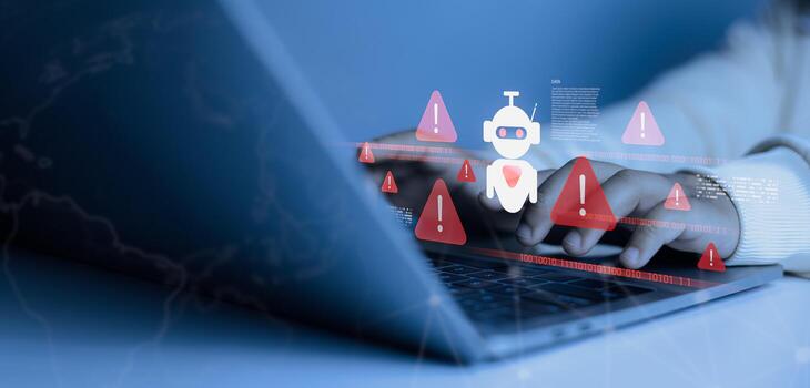 Hands typing on laptop with AI robot icon and warning alerts, concept of cybersecurity threat, malware attack, artificial intelligence risk, and online data protection. photo