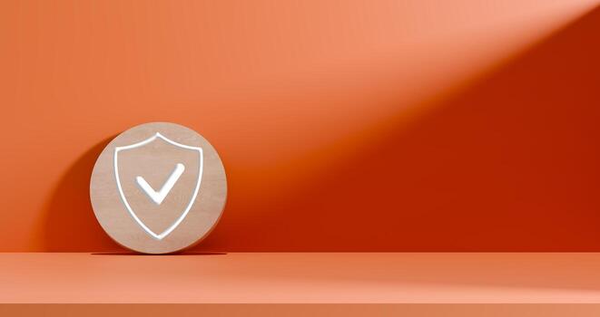 Security Shield Check Icon on Orange Background. 3d render Minimal wooden shield check mark icon on orange background, symbol of security, trust, protection, and verified guarantee in modern design. photo