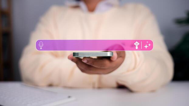 Voice search, artificial intelligence, and new user interfaces. Images on futuristic tech and smart applications. Person holding a smartphone with a blank, glowing search bar and AI powered icons. photo