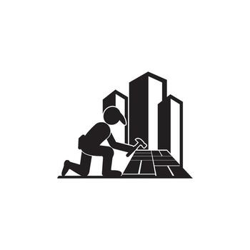A man is working on a roof in front of a skyscraper vector