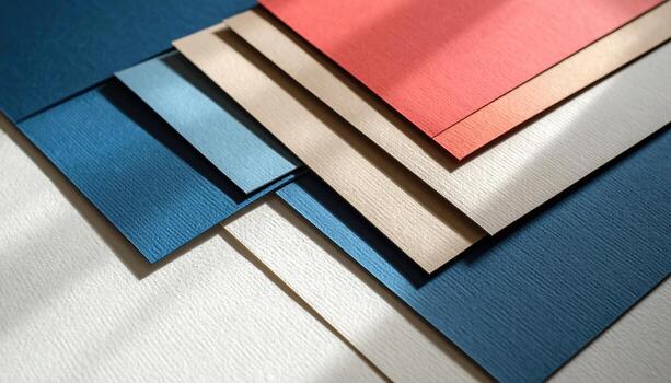 A collection of textured papers in various shades of blue, red, beige, and white, arranged in an overlapping pattern, showcasing a range of hues and subtle surface details. photo