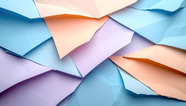A vibrant abstract design composed of overlapping pastel-colored paper shapes, creating a visually appealing and textured background. photo