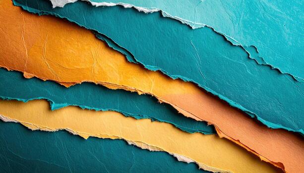 A layered composition of torn paper sheets in varying shades of teal, orange, and gold, creating a textured and vibrant visual display. photo