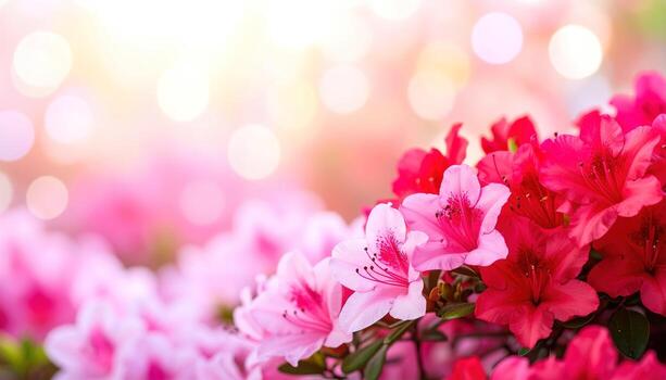 Vibrant pink and red azaleas bloom in a soft, spring-like setting, showcasing delicate blossoms and a bokeh background of soft light. photo