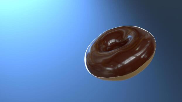 Glazed chocolate donut floating on a gradient blue background with a soft light reflection on the surface, ample copy space on the left side for text. photo