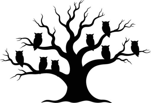 un desnudo árbol con múltiple búhos encaramado en sus ramas silueta vector