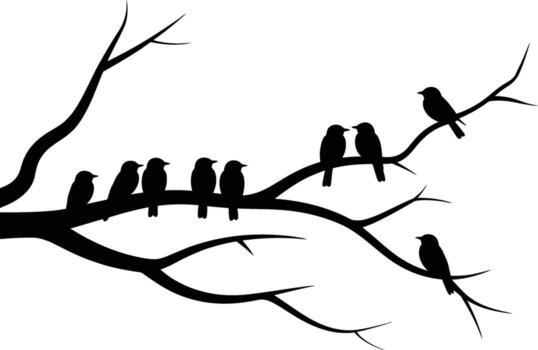 A flock of birds perched on a bare tree branch in a striking silhouette vector