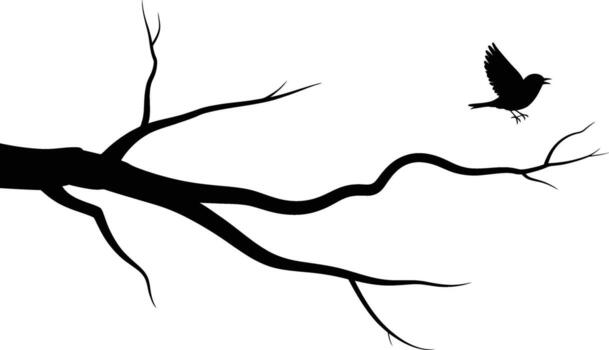 A lone bird takes flight from a stark bare tree branch silhouette vector