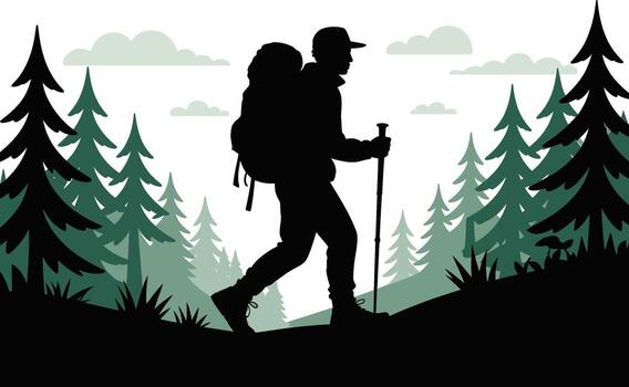 Adventurous hiker with backpack and pole navigating a forest trail silhouette vector