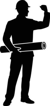 Architect or engineer holding blueprints and gesturing with fist silhouette vector