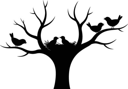 negro silueta de un desnudo árbol con un nido y aves encaramado en ramas vector