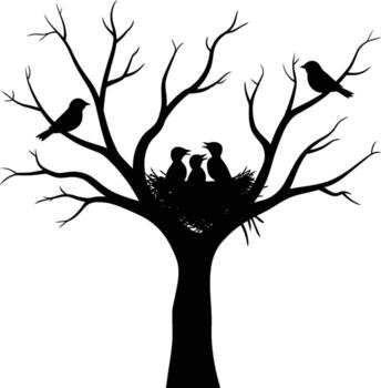 Black silhouette of a bare tree with a nest and birds on a white background vector