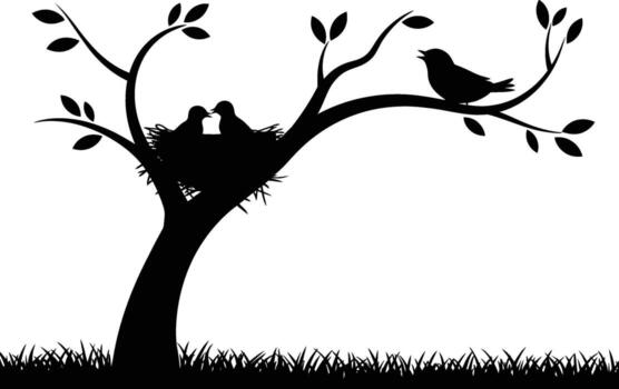 negro silueta de un árbol con un pájaro s nido y polluelos en un rama silueta vector