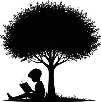 Child reading a book under a large tree silhouette vector