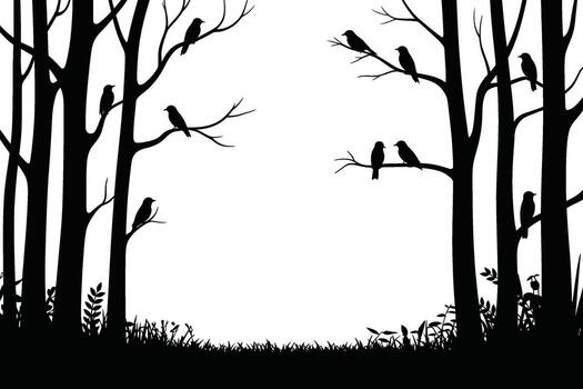 Dark forest scene with numerous birds perched on bare tree branches silhouette vector