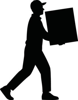 Delivery person in silhouette carrying a large rectangular package on a white background vector