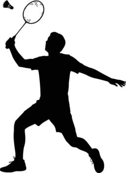 Dynamic badminton player in action silhouette striking the shuttlecock with force vector