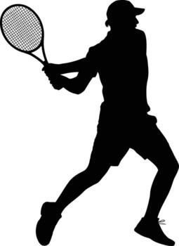 Dynamic tennis player executing a powerful forehand stroke silhouette vector
