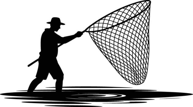Fisherman in shallow water with large net casting a silhouette vector