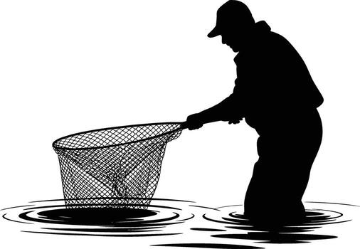 Fisherman in waders holding a net ready to catch a fish silhouette vector