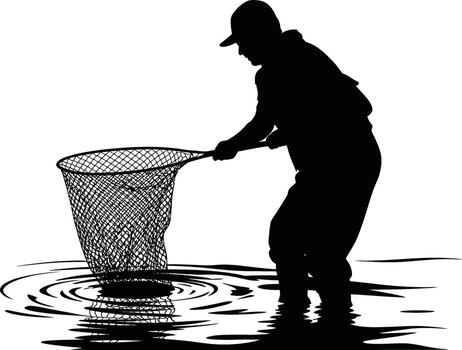 Fisherman in waders holding a net in rippling water silhouette vector