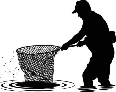 Fisherman in waders using a net to catch a fish in the water silhouette vector