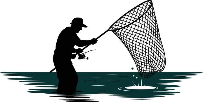 Fisherman in water using net to catch fish silhouette vector