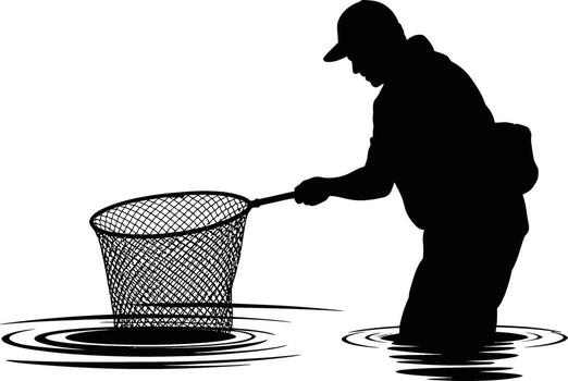 Fisherman in water with net capturing a fish silhouette vector