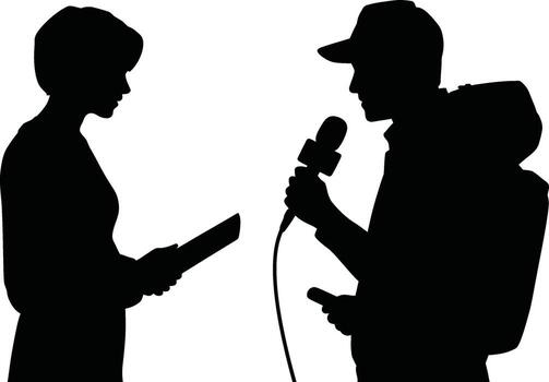 Journalist interviewing a person holding a tablet in a distinctive silhouette style vector