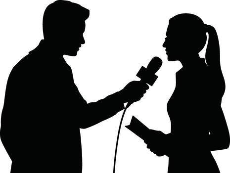 Journalist interviewing a person with a microphone in a striking black silhouette vector