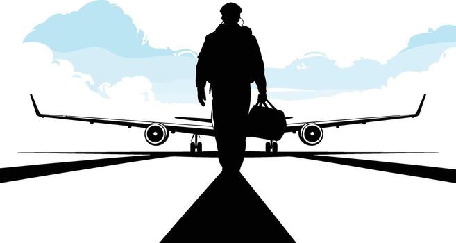 Lone traveler walks towards airplane on runway with mountain backdrop silhouette vector