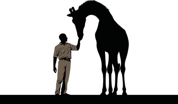 Man and giraffe silhouette touching noses in a gentle interaction vector