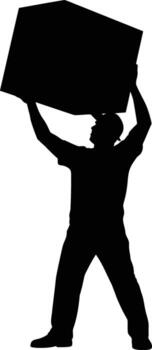 hombre participación un grande cubo gastos generales en un rígido negro silueta vector