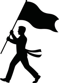 Man holding a large waving flag while walking forward silhouette vector