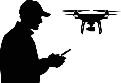 Man in baseball cap controlling a drone with a smartphone silhouette vector