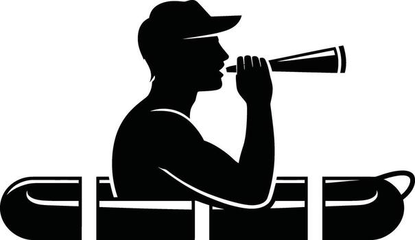 Man in canoe blowing a megaphone announcing a message silhouette vector