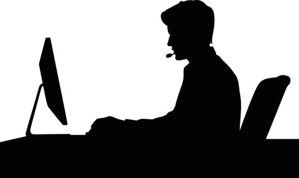 Man in silhouette wearing headset working on computer at desk vector