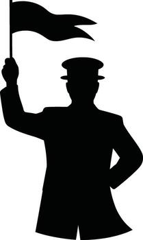 Man in uniform holding a waving flag in a distinctive silhouette vector